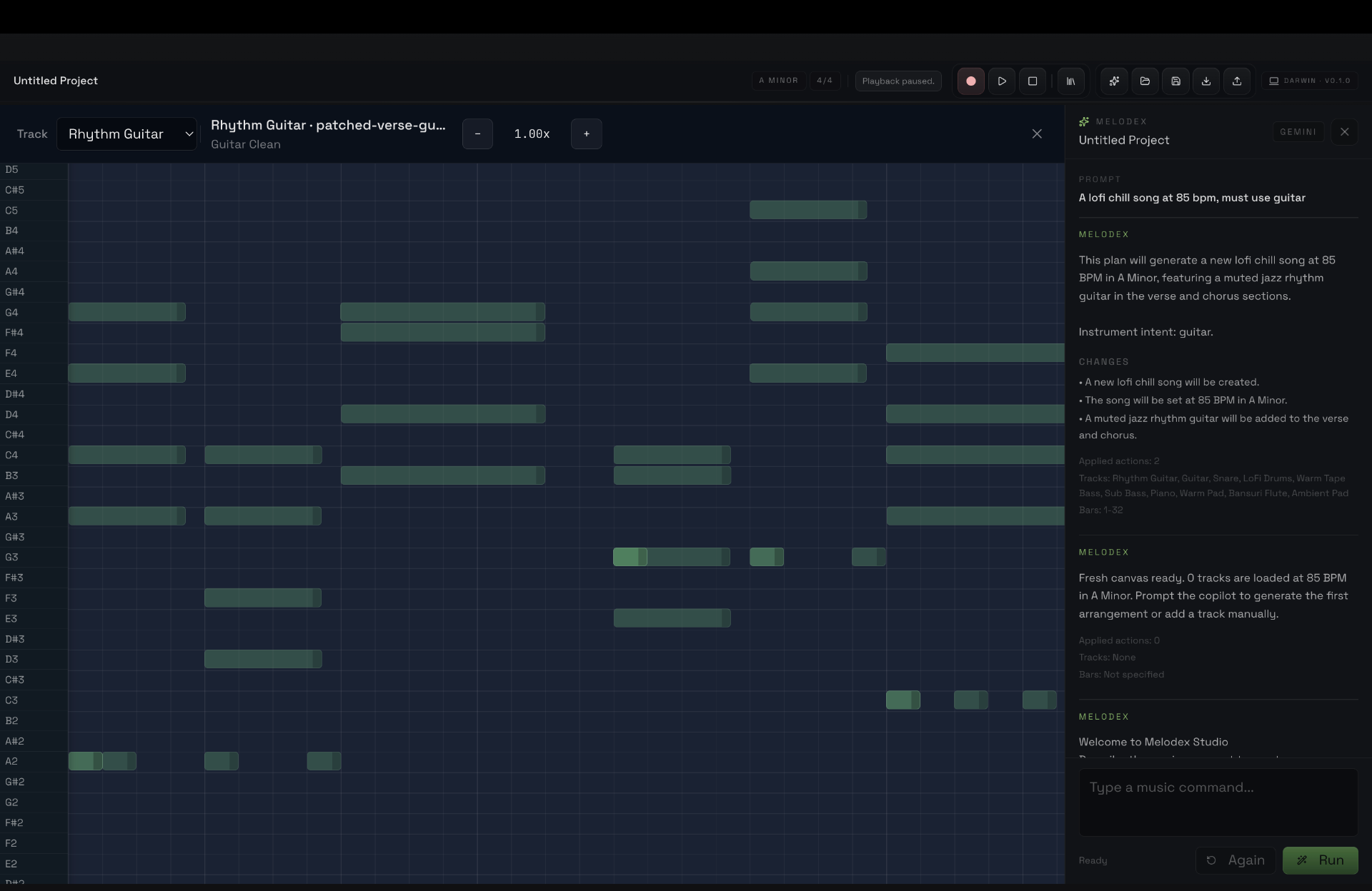 Melodex Studio piano roll editor with AI-generated MIDI notes on multiple instrument tracks