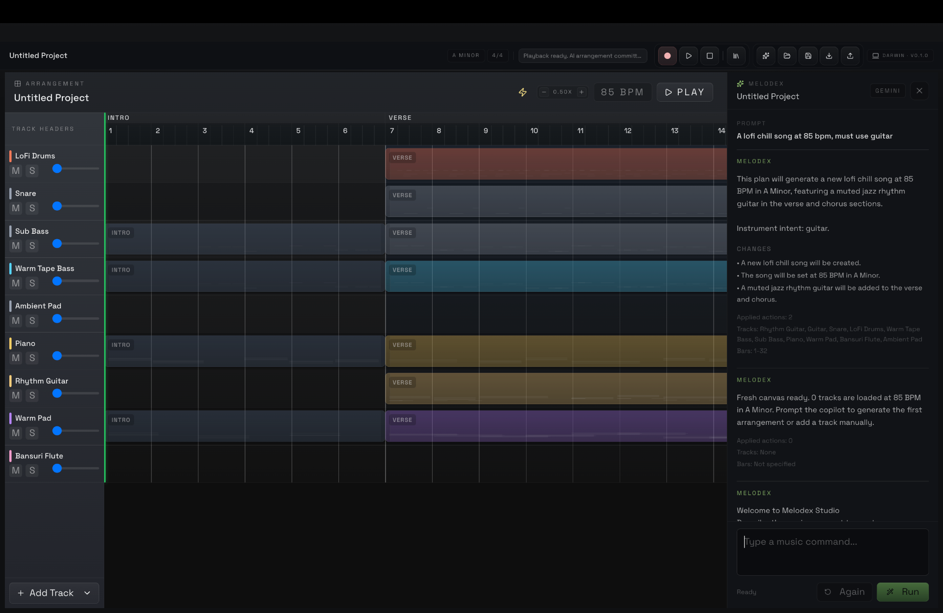 Melodex Studio AI music DAW interface showing prompt-driven multitrack editing alongside the timeline